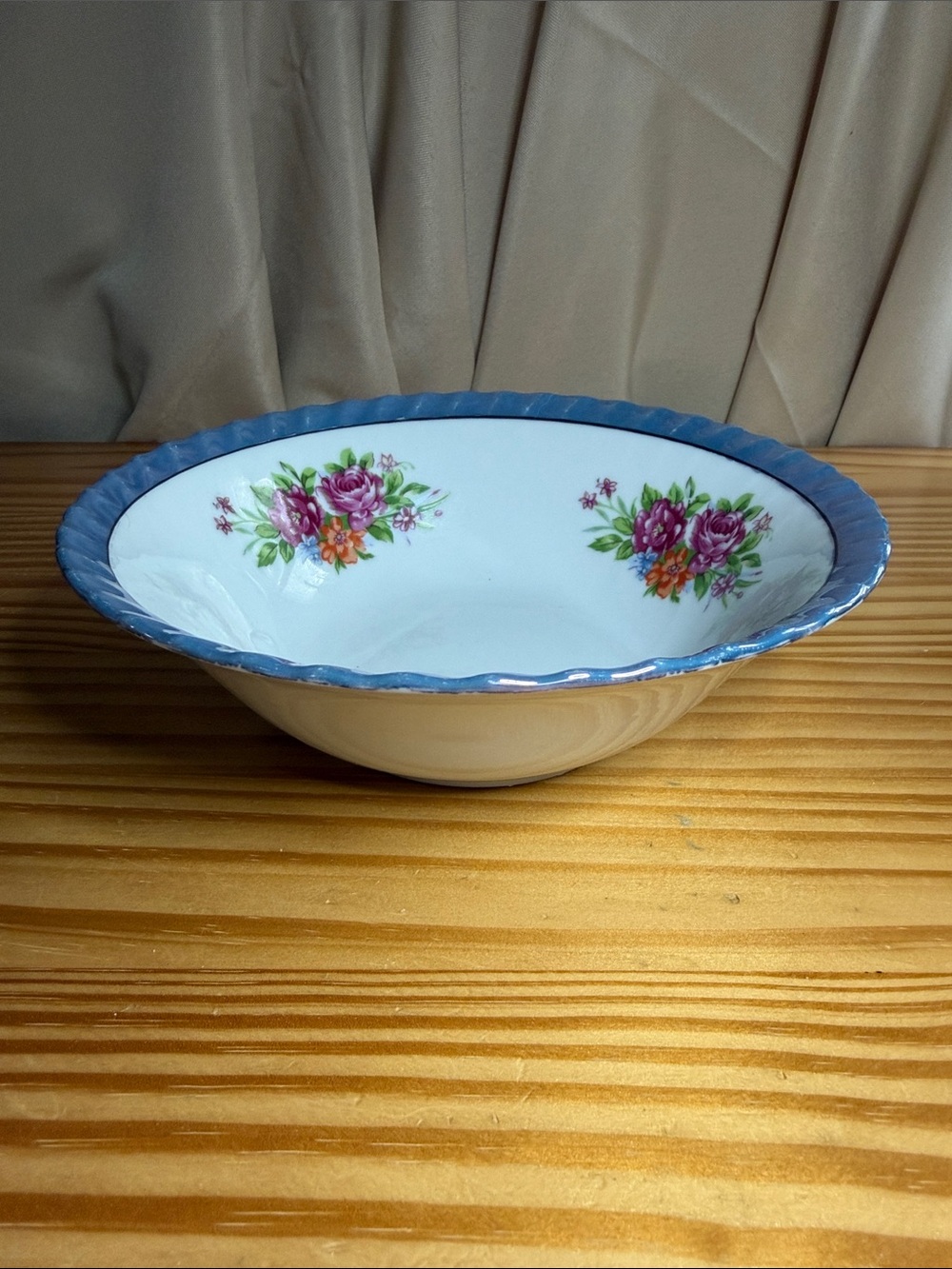 Vintage Yamatsu Japan Lusterware 7" Floral Porcelain Bowl Blue Trim Mid-Century